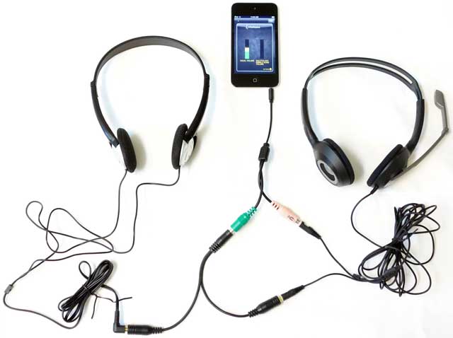 iParkinsons with Sennheiser PC230 headset (right) and Headset Buddy 01-PC35-PH35 adapter, headphones splitter, and headphones for speech therapist (left)