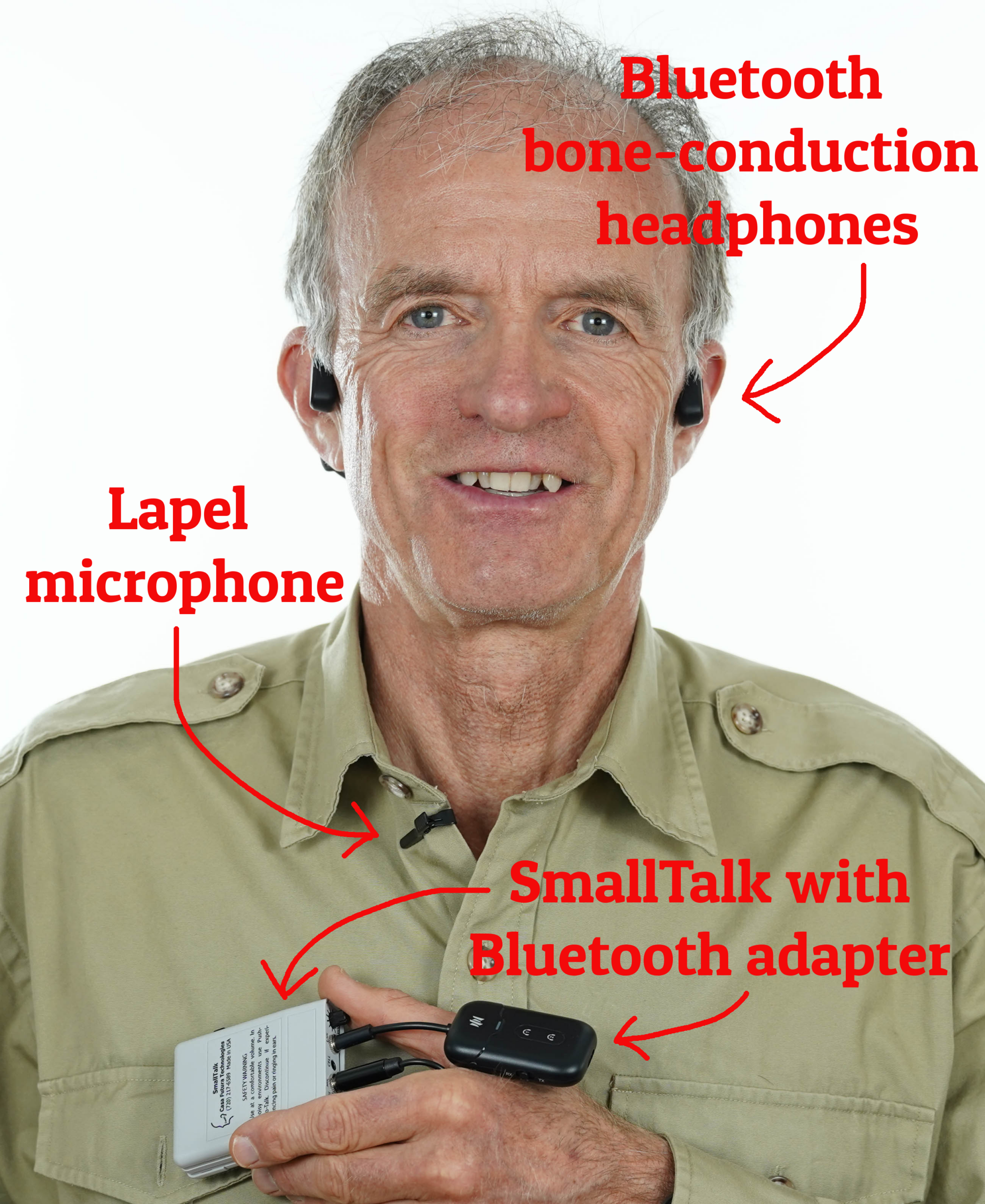 SmallTalk with lapel microphone and Bluetooth bone-conduction headphones
