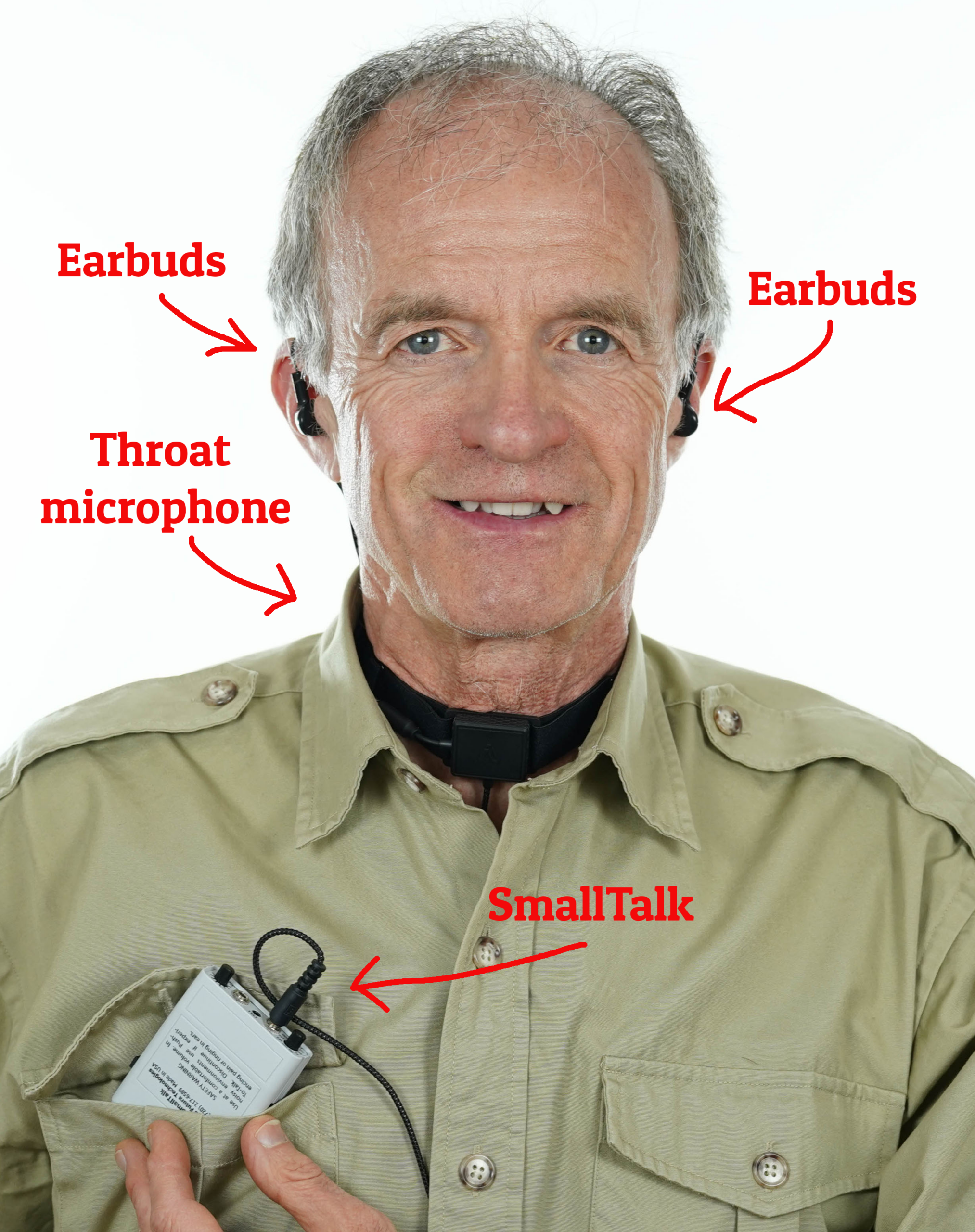 SmallTalk includes throat microphone and binaural (two ears) earbuds